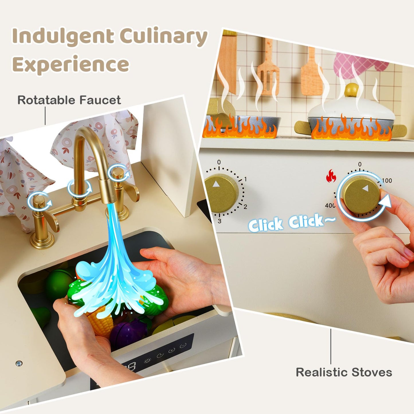 Kids Wooden Kitchen, Pretend Play Kitchen with Stoves