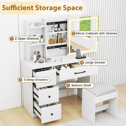 Makeup Table and Chair Set with 4 Drawers and Storage Shelves