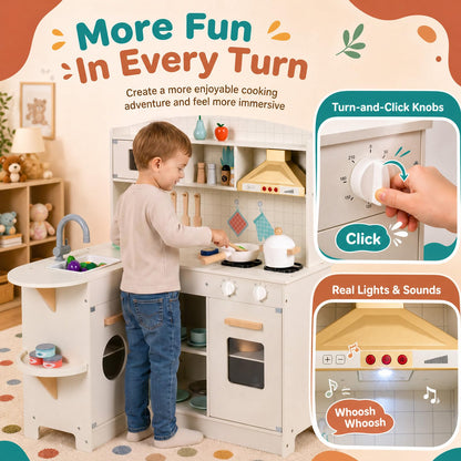 Wooden Play Kitchen with Lights and Sounds for Toddlers Ages 3+