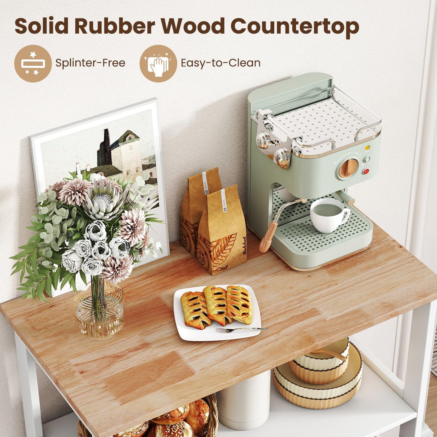 Rolling Kitchen Island Cart with Rubber Wood Top, White