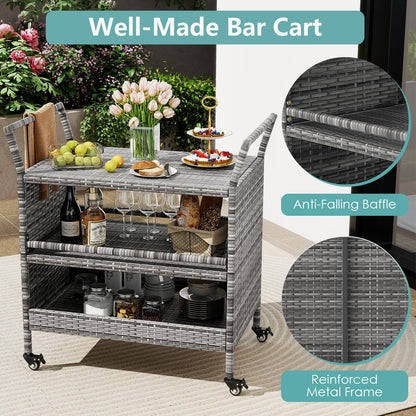 Outdoor Bar Cart 3-Tier Patio Rattan Storage Shelf Wicker Serving Table
