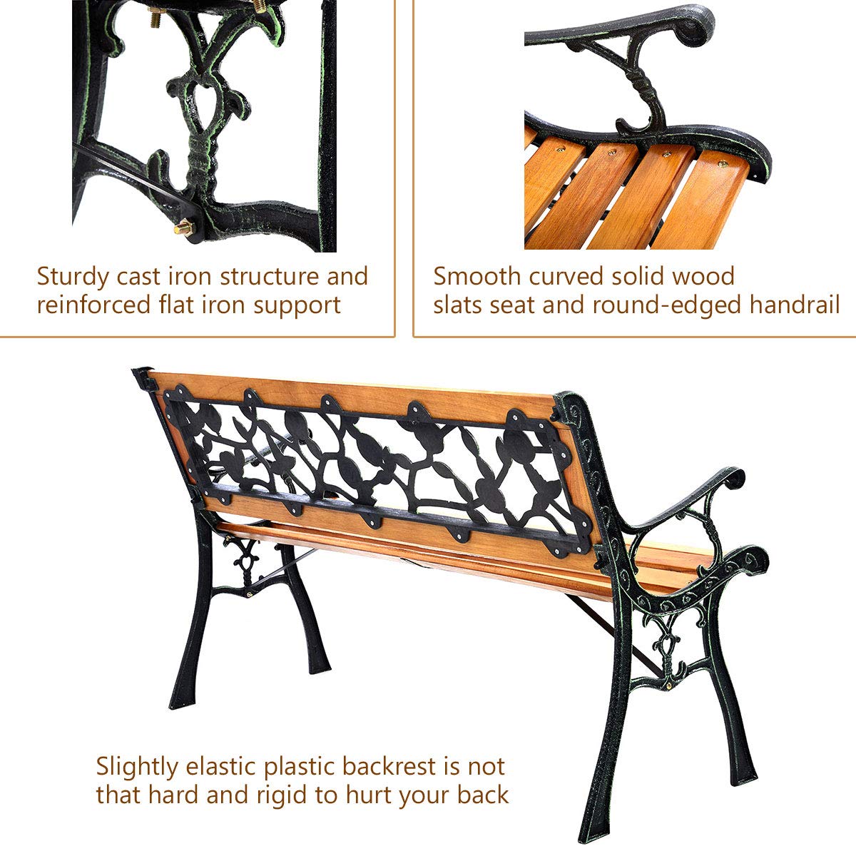 Solid Wood Slatted Seat Loveseat Park Bench Flat Back with Rose Pattern