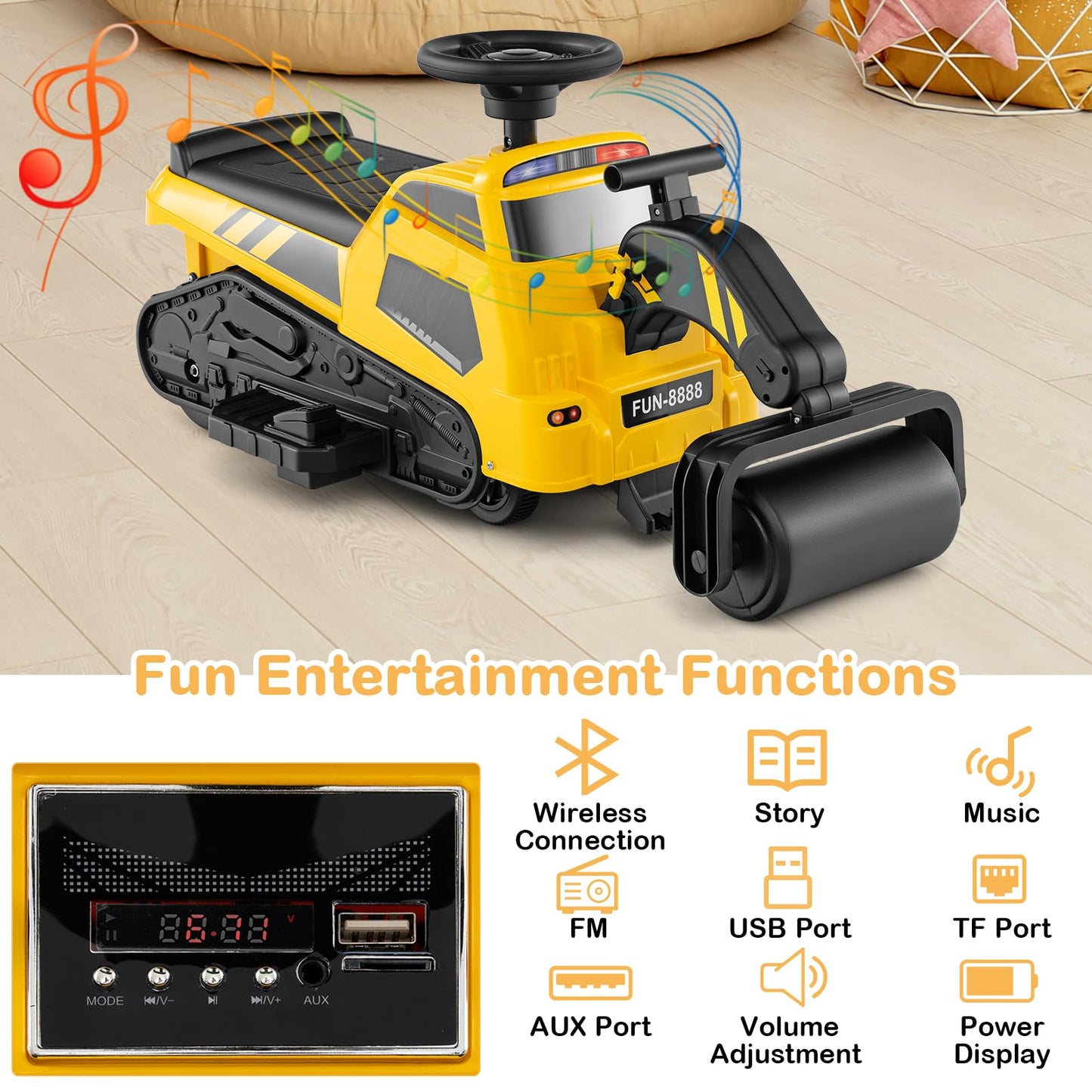 6V Electric Toy Bulldozer Excavator with Adjustable Arms Music