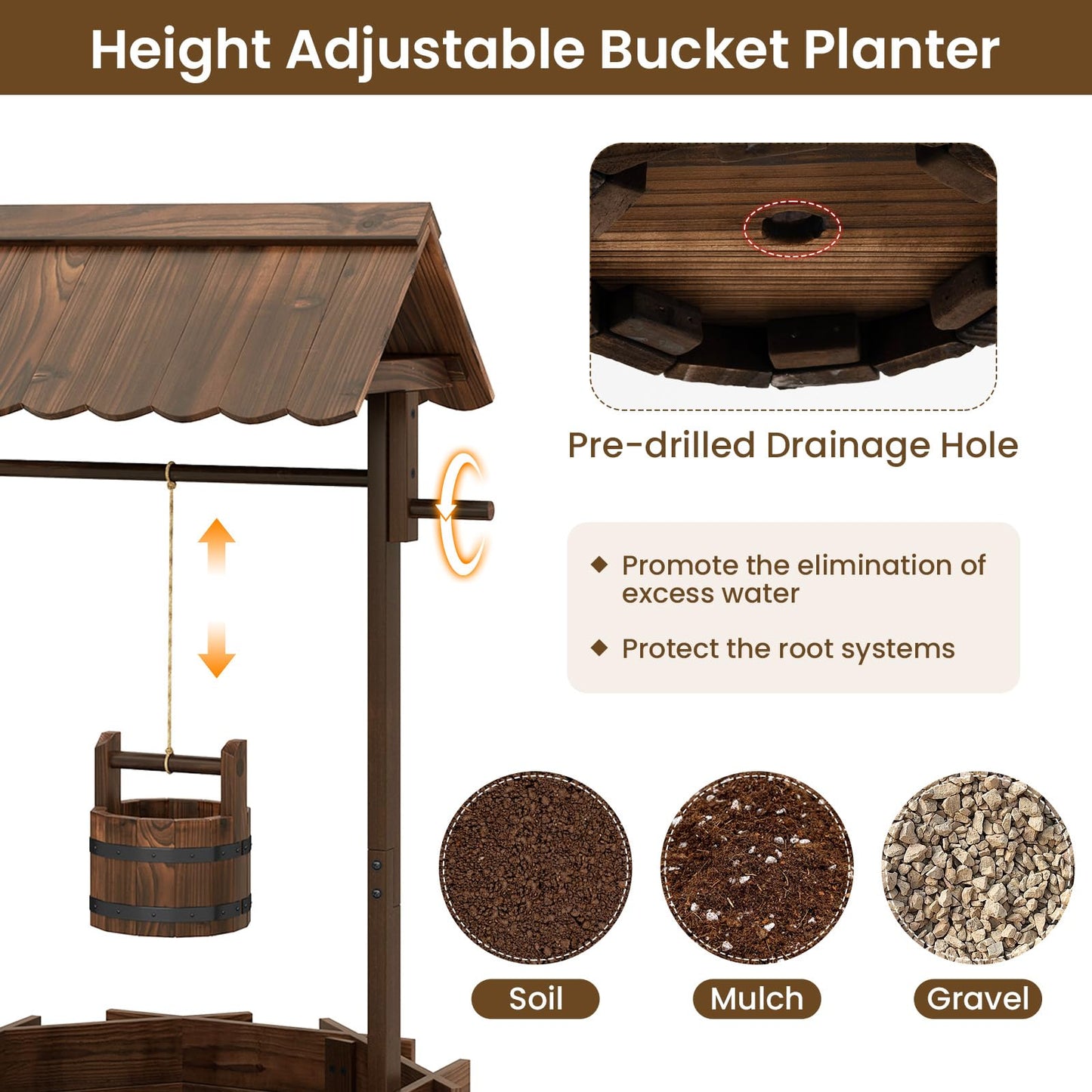 GiantexUK Wooden Wishing Well Planter, Garden Decoration Flower Pot with Hanging Bucket