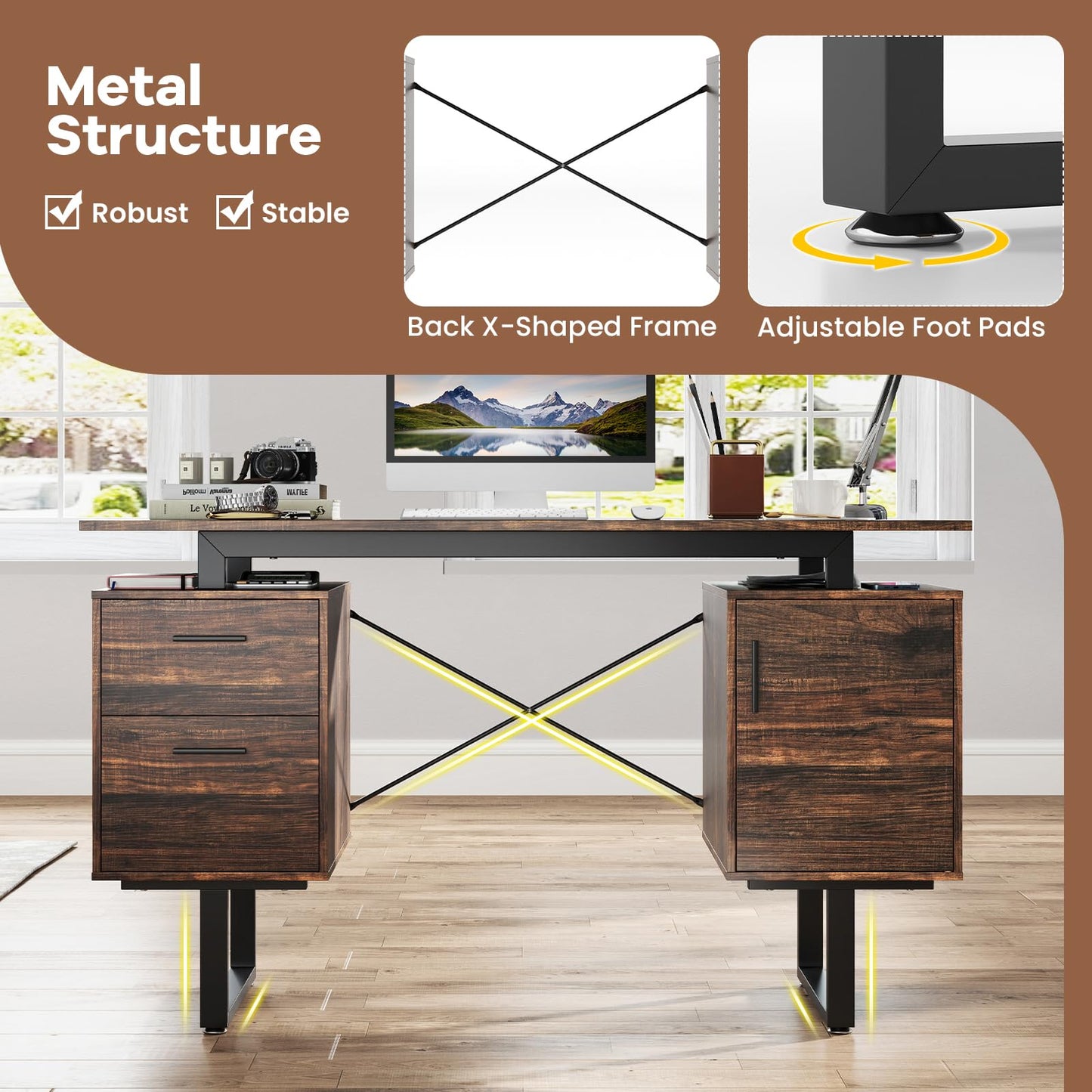 Computer Desk with Floating Desktop and Dual Drawers