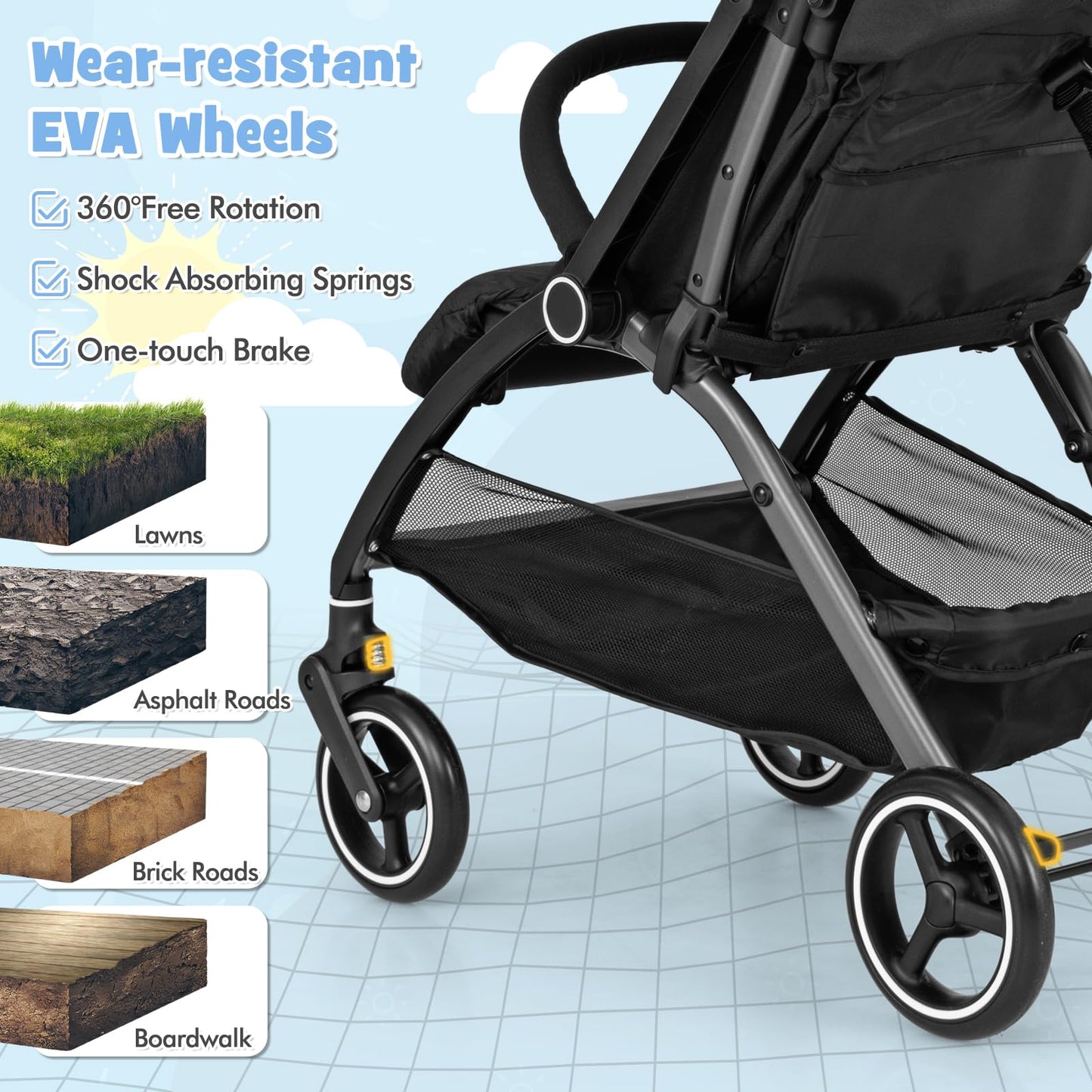 One Hand Foldable Toddler Stroller with Adjustable Backrest & Canopy