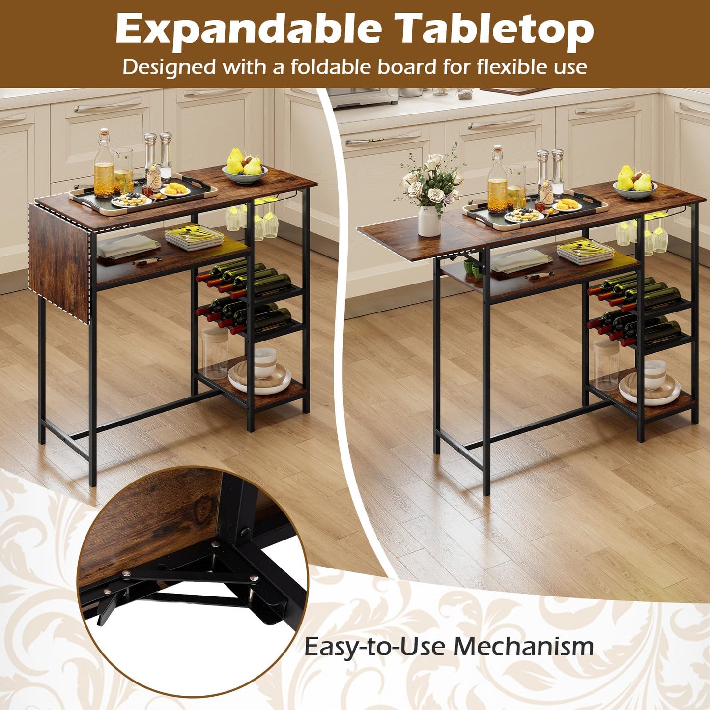 Rectangular Bar Table with RGB LED Lights, Foldable Top & Remote