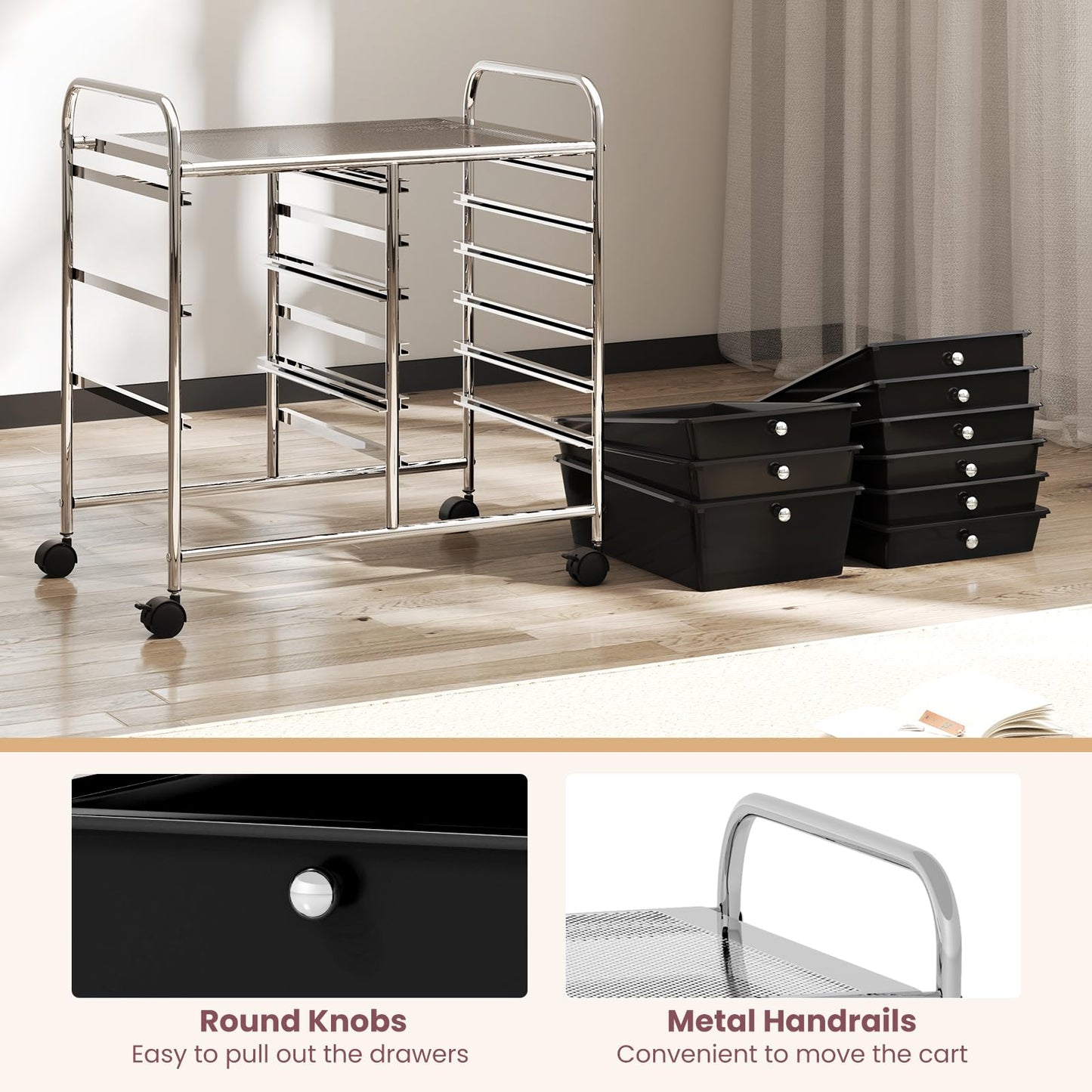 Metal Frame Utility Storage Organizer Cart with 4 Wheels