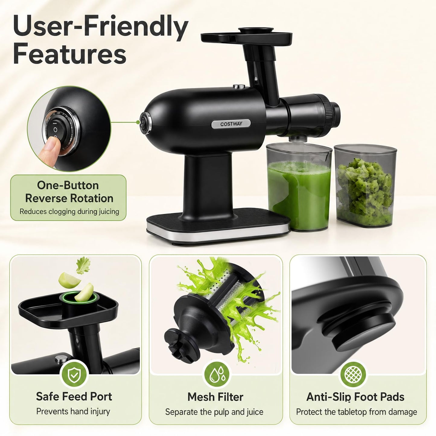 Cold Press Juicer Machine with Reverse Function, Pusher & Brush