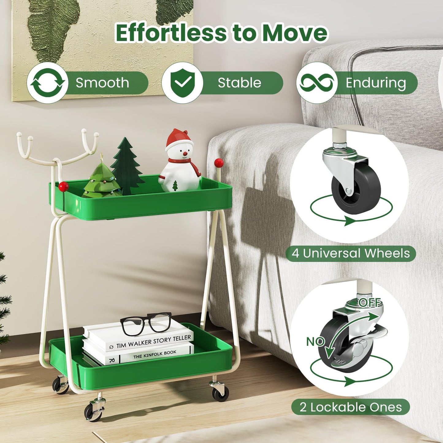 Reindeer Side Table 2-Tier Christmas Rolling Cart with Metal Frame and Wheels