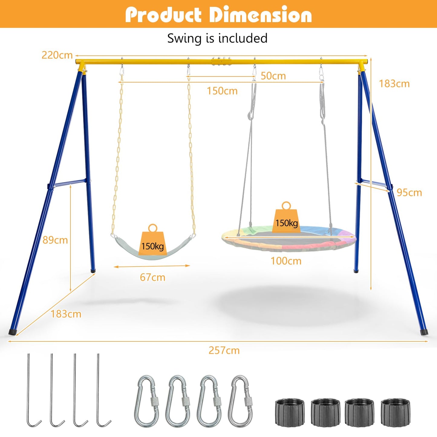 A-Frame Metal Swings Stand with Belt Swing and Nest Swing