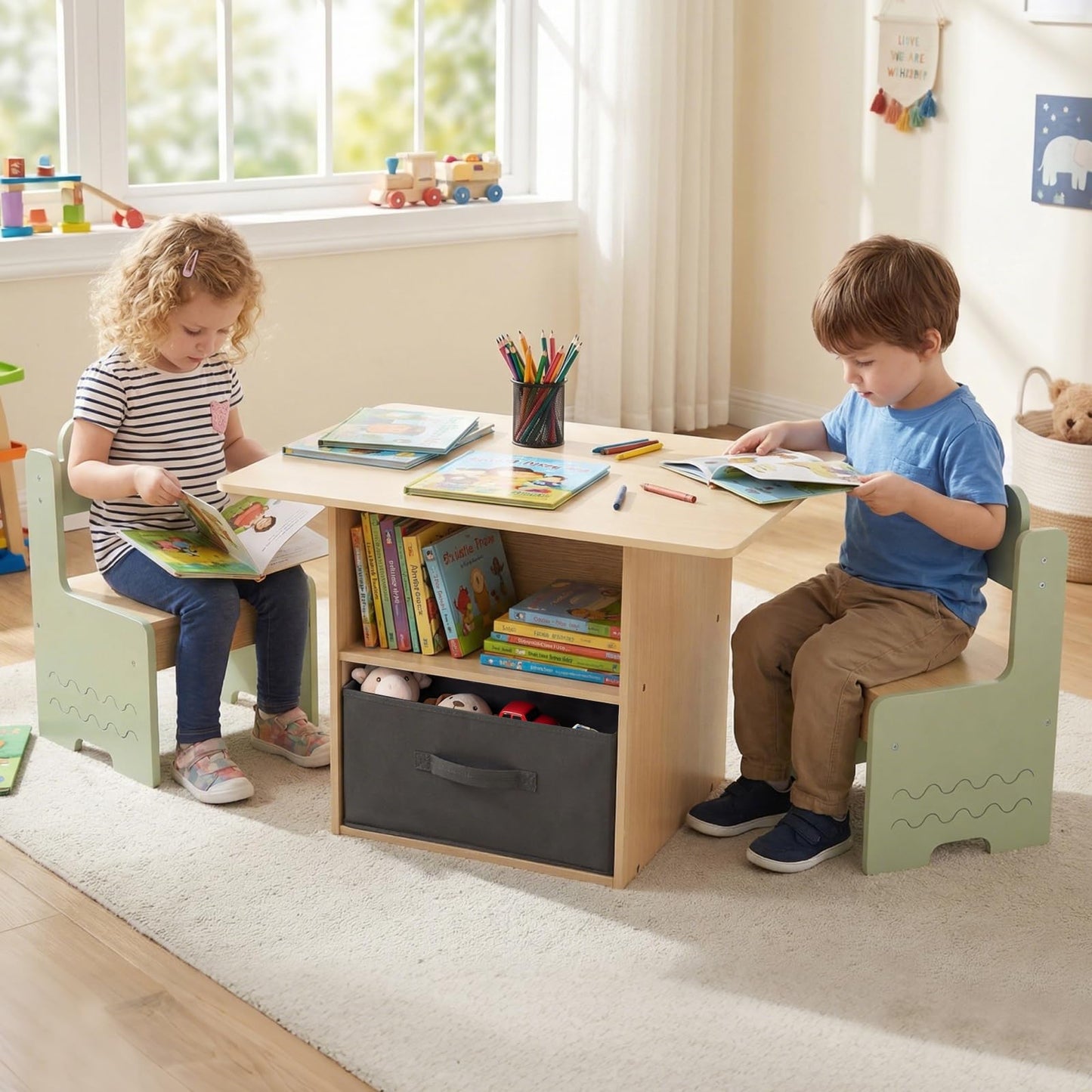 Kids Table and Chairs Set Wooden Toddler Activity Table Set with 2 Open Compartments