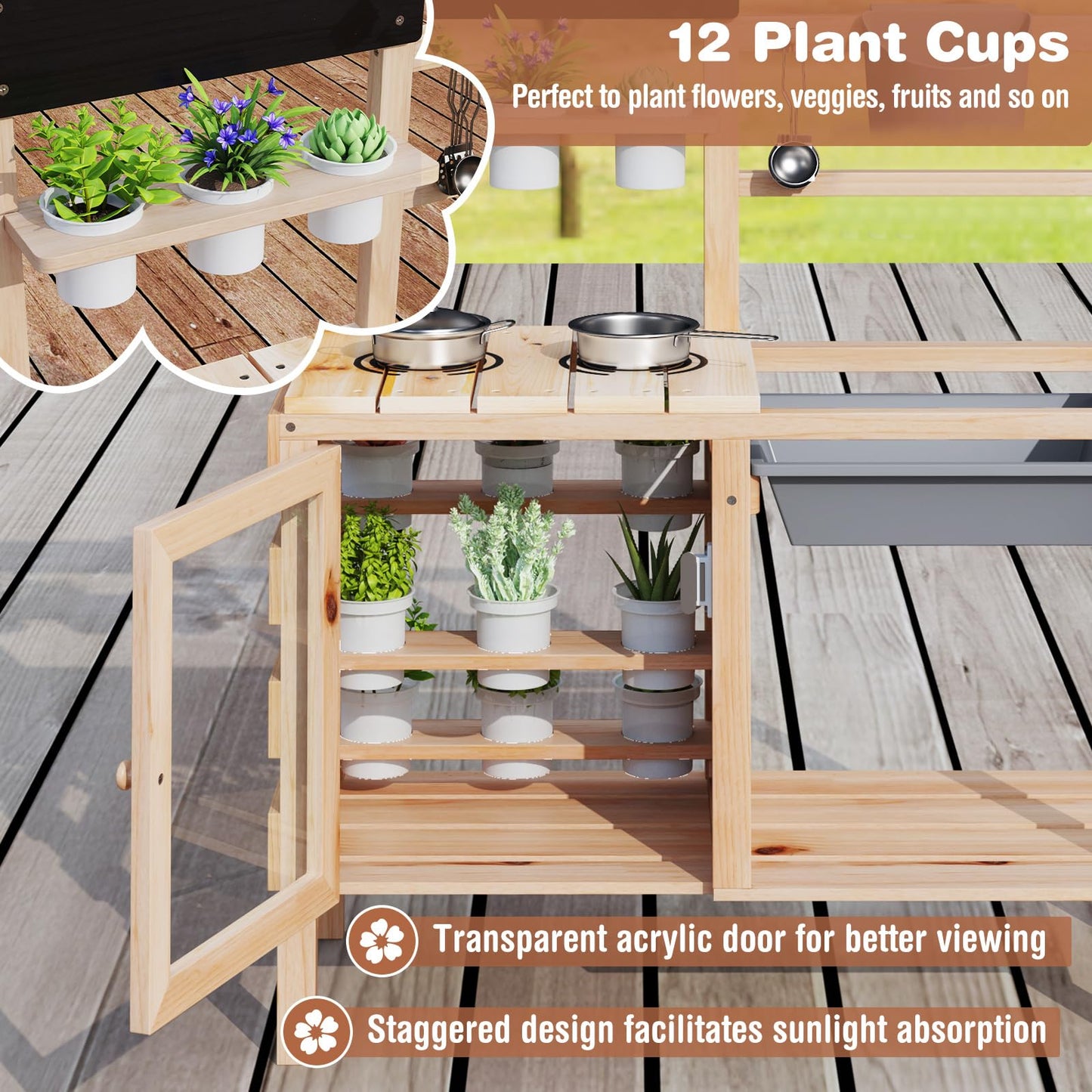 Patio Wooden Pretend Play Kitchen with Plants Observation Room for Kids Outdoor