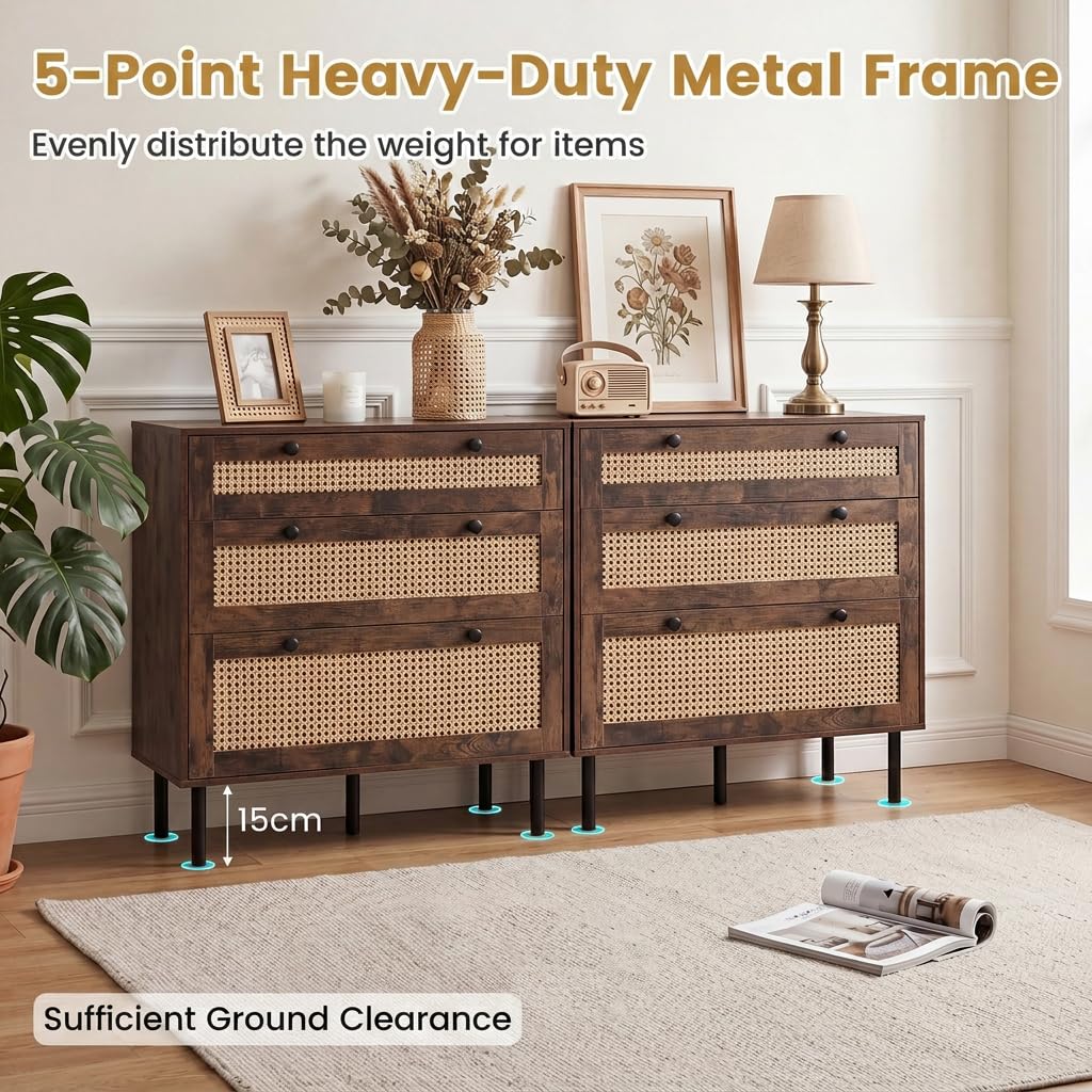Chest of Drawers, 3-Drawer Boho Storage Dresser (Rustic Brown) | 75 cm Rattan Dresser Organizer Unit