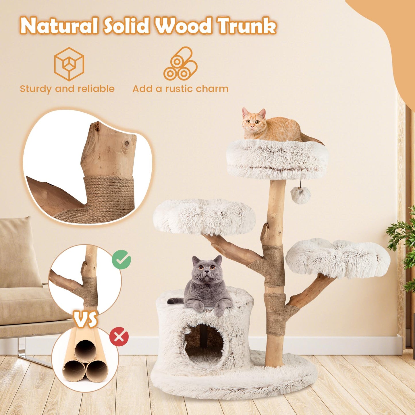 102 CM Tall Real Wood Branch Kitten Tower with Condo and 2 Flower Platforms