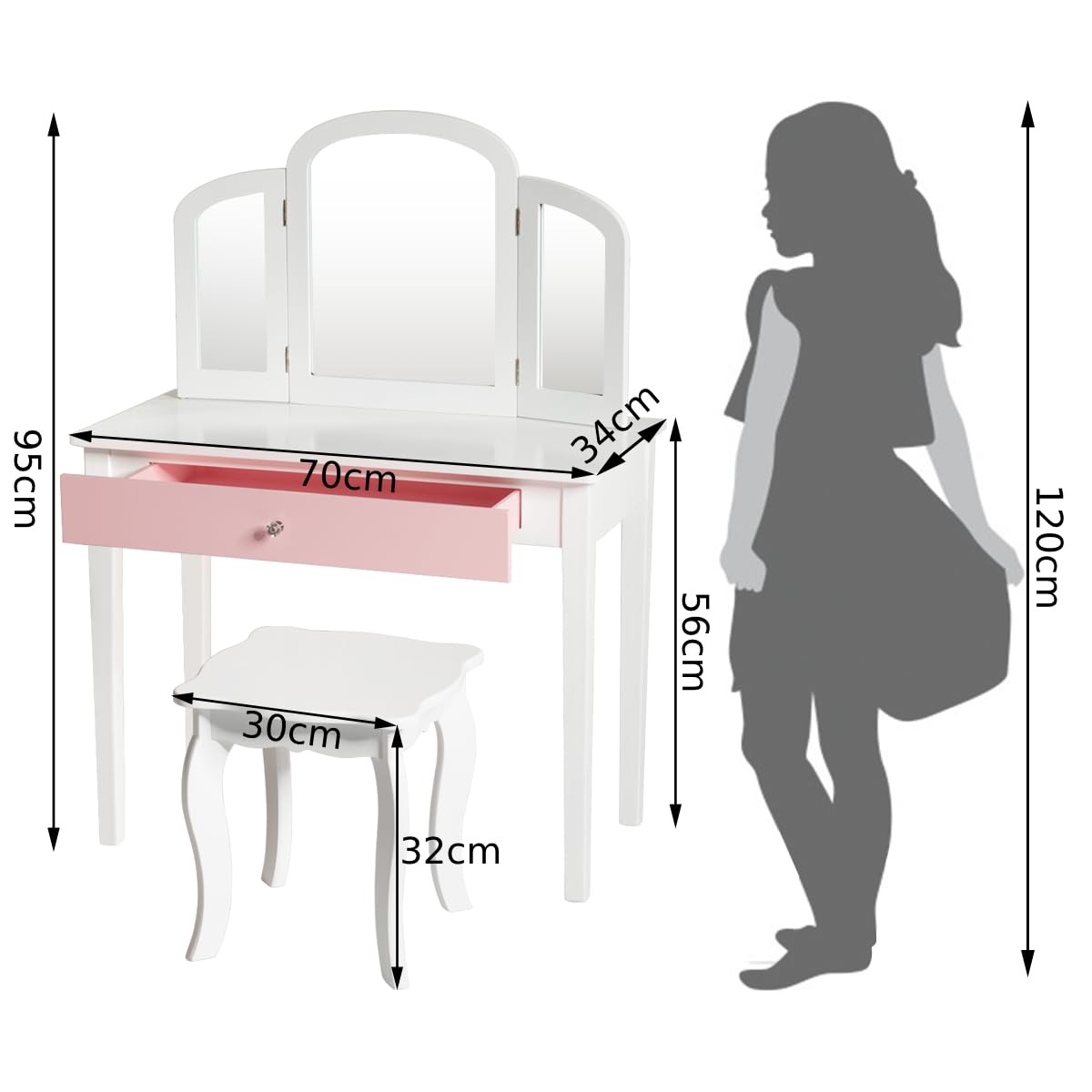 Kids Vanity Table and Stool Set Princess Makeup Dressing Table