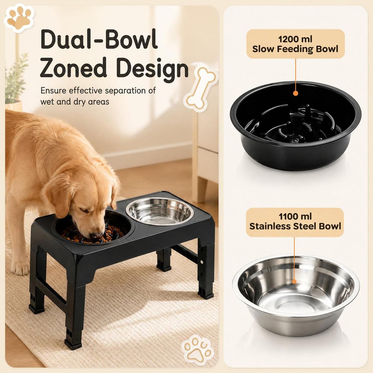 Raised Dog Bowls with Slow Feeder and 4-Level Adjustable Stand