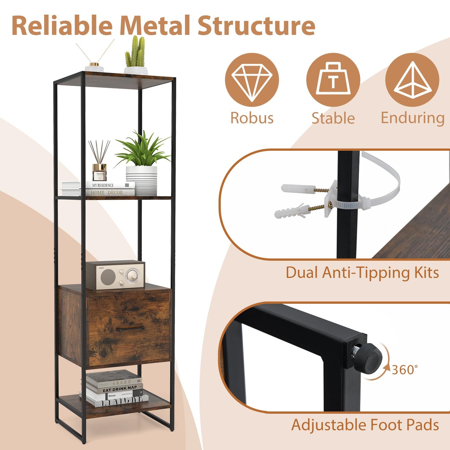5-Tier Tall Narrow Bookcase Bookshelf with Drawer Shelves