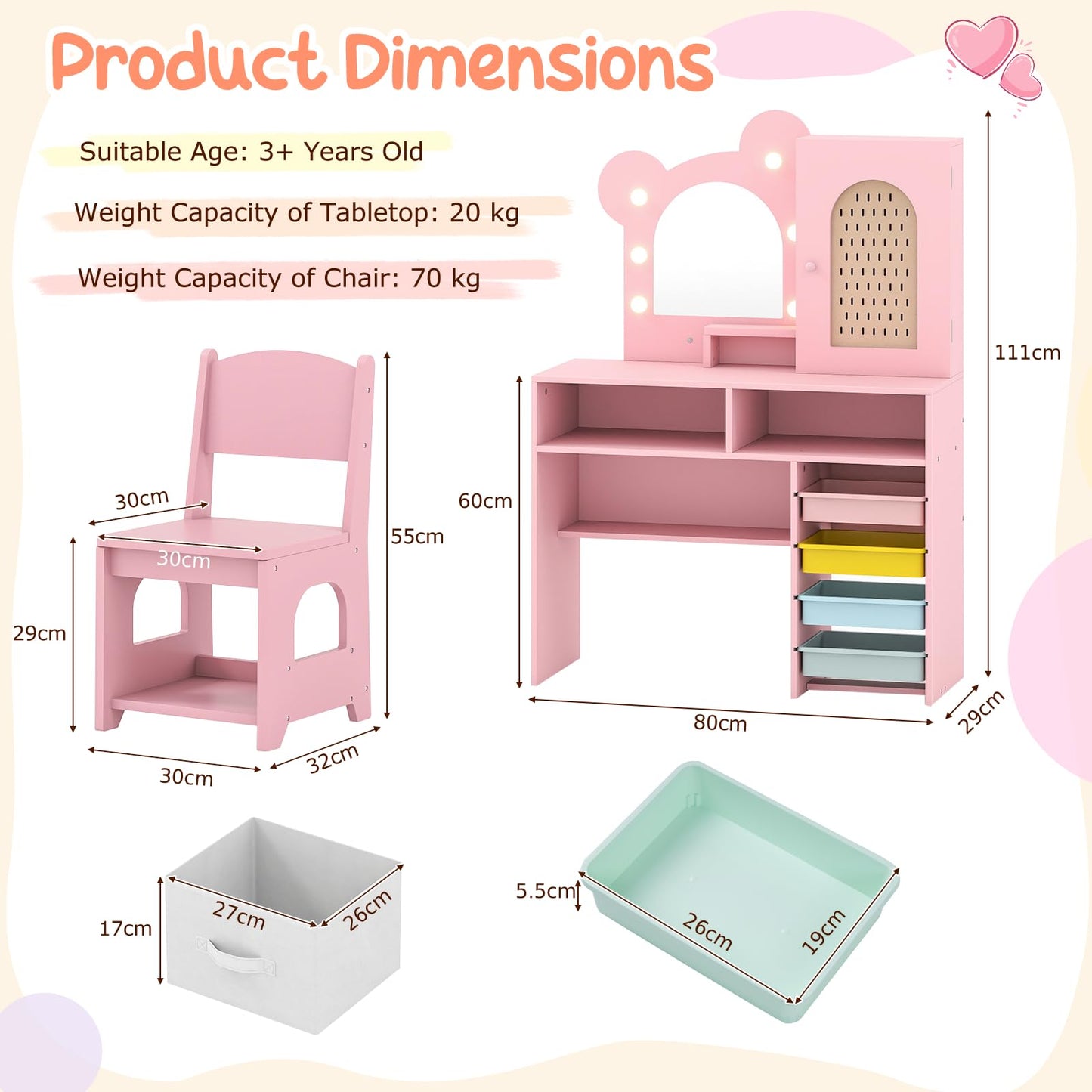 Kids Vanity with Lights Princess Vanity Table and Chair Set with 5 Drawers and 2 Compartments