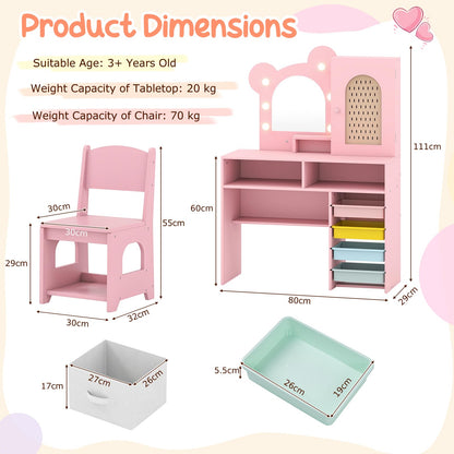 Kids Vanity with Lights Princess Vanity Table and Chair Set with 5 Drawers and 2 Compartments