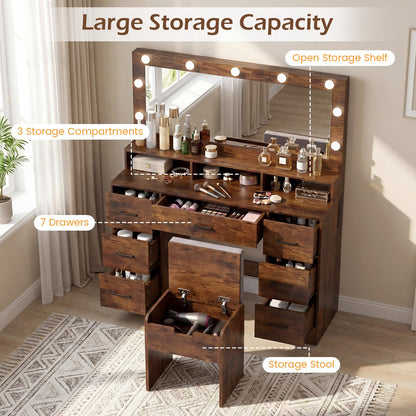 Dressing Table with Large Mirror and Cushioned Storage Stool