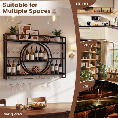 Wall Mounted Wine Rack, 5-Tier Hanging Bar Shelves with Glass Holder