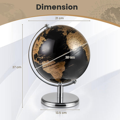 20CM Rotating Metallic Black World Globe with Metal Stand for Home School