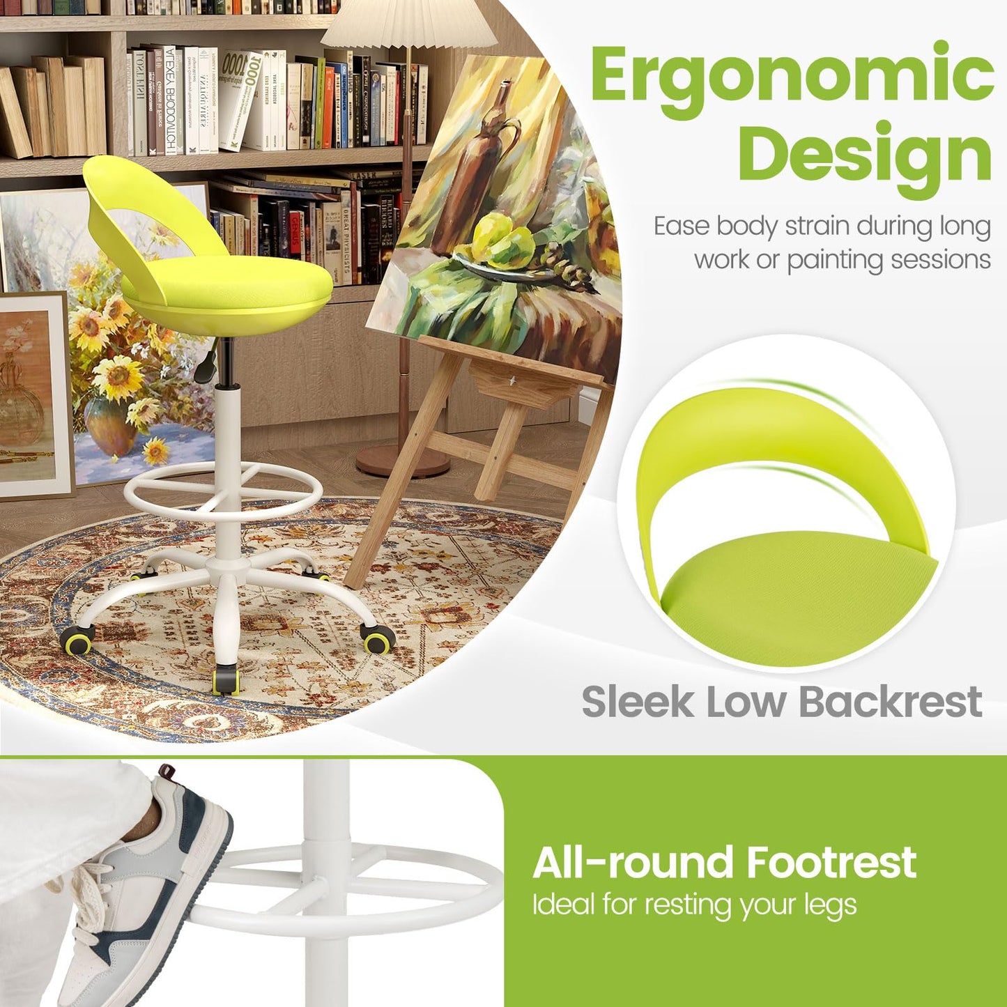Drafting Stool Rolling Tall Desk Chair with Wheels