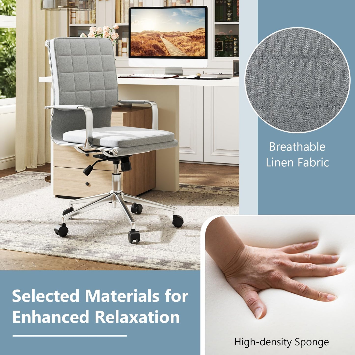 Upholstered Linen Conference Chair with Padded Seat and Armrests