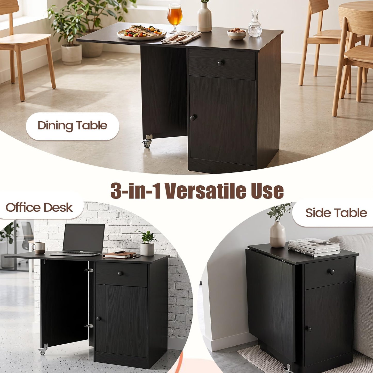 Folding Dining Table for 4-6 with Drawer & Cabinet on Wheel