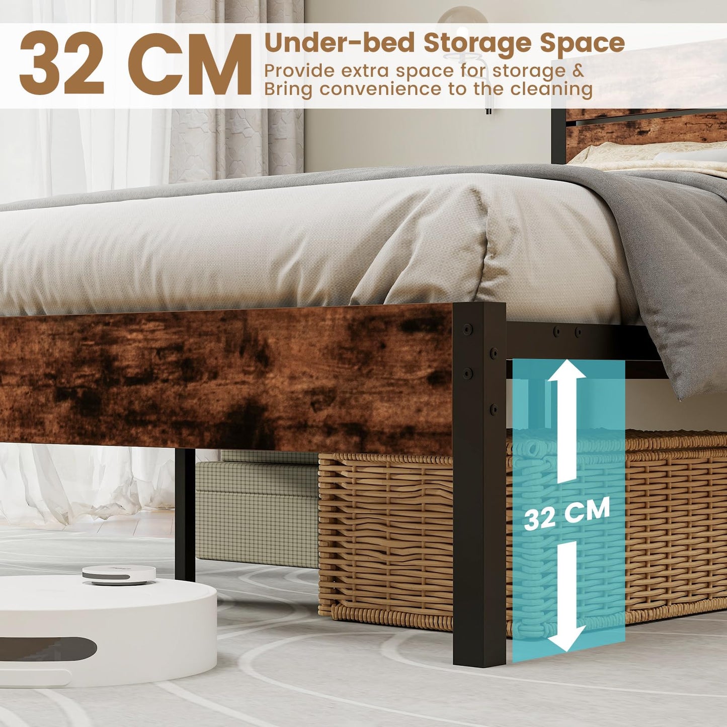 4FT6 Industrial Metal Platform Bed Frame with Wood Headboard & Underbed Storage