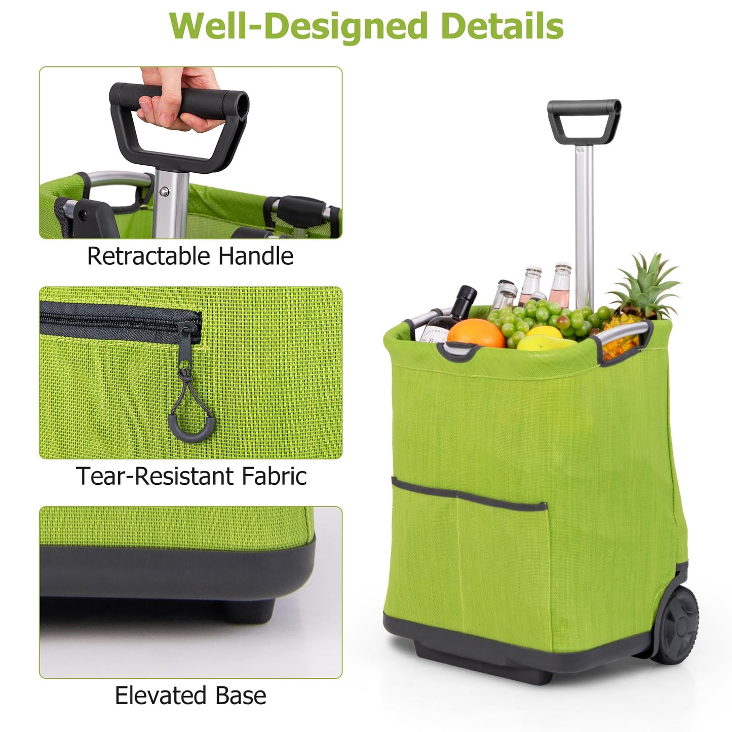 50L Folding Shopping Trolley on Wheels with 3 Pockets & Retractable Handle