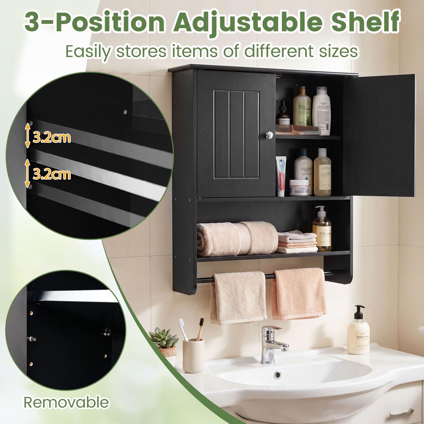 Bathroom Wall Cabinet, Over-The-Toilet Storage Cupboard