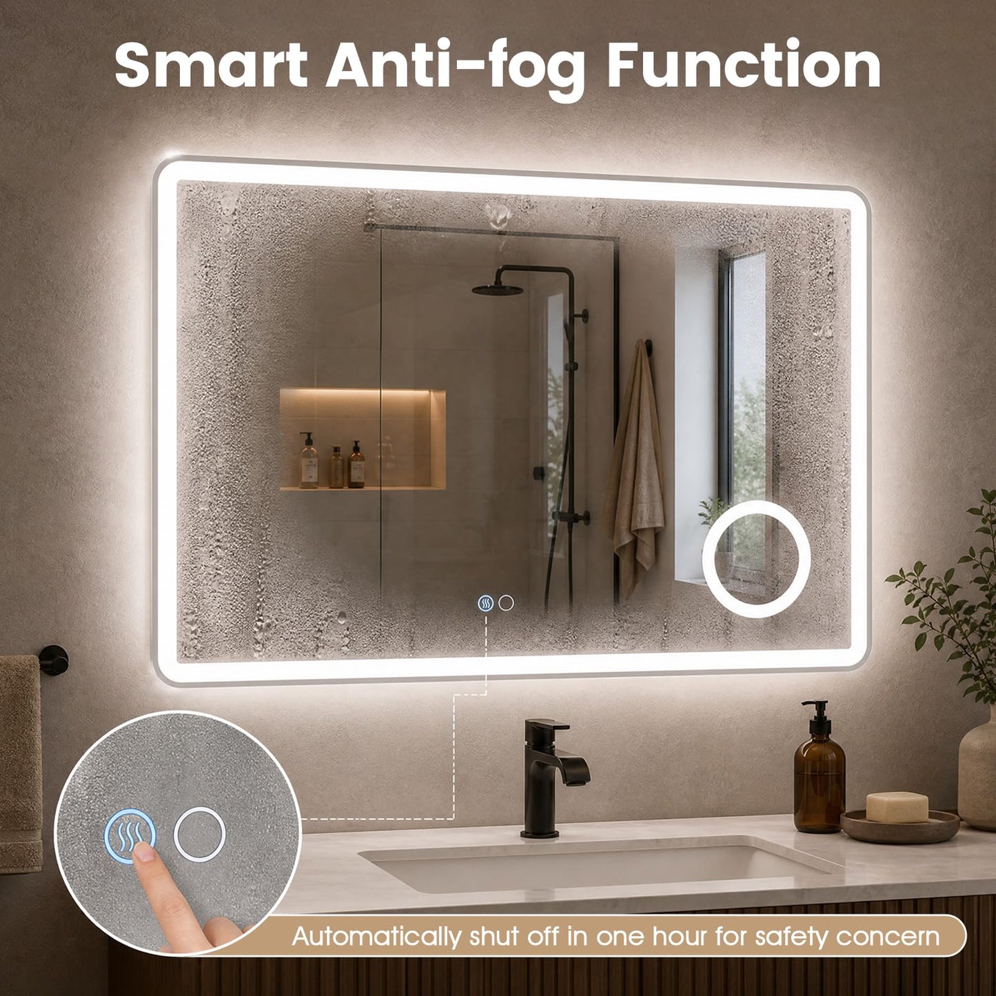600x800mm Bathroom Mirror with LED Lights, 3x Magnifier, Anti-Fog
