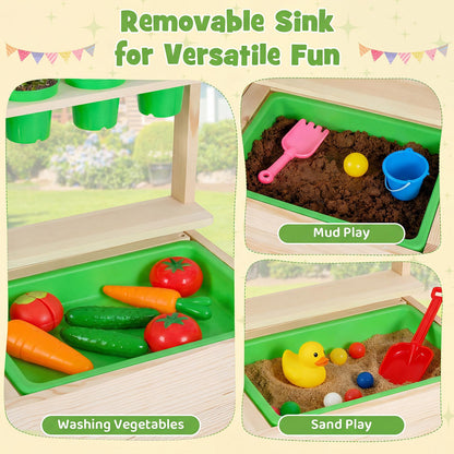 Kids Mud Kitchen Play Pretend Kitchen with Chalkboard Rotation Knobs and Cabinet