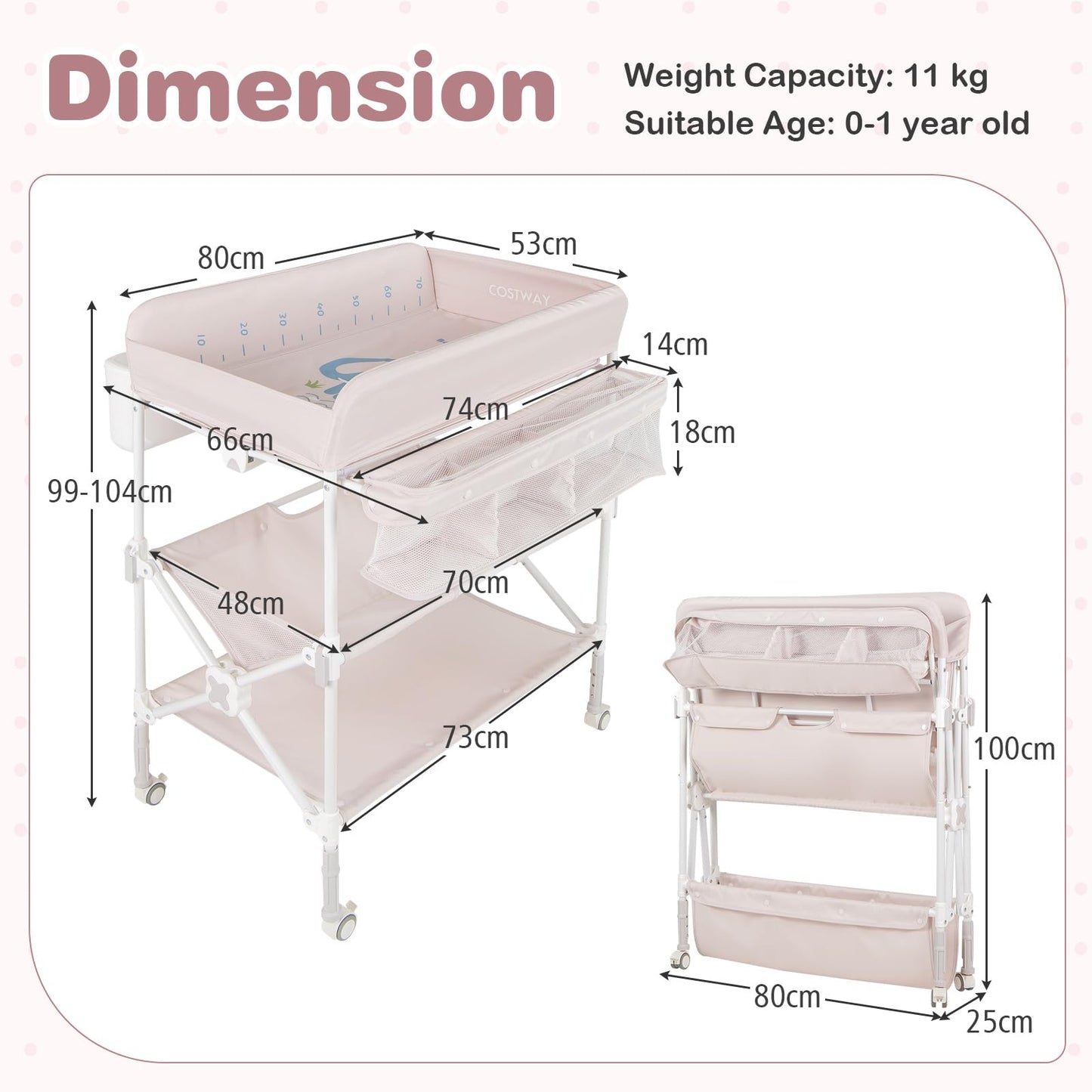 olding Diaper Changing Station with Wheels & Storage Basket