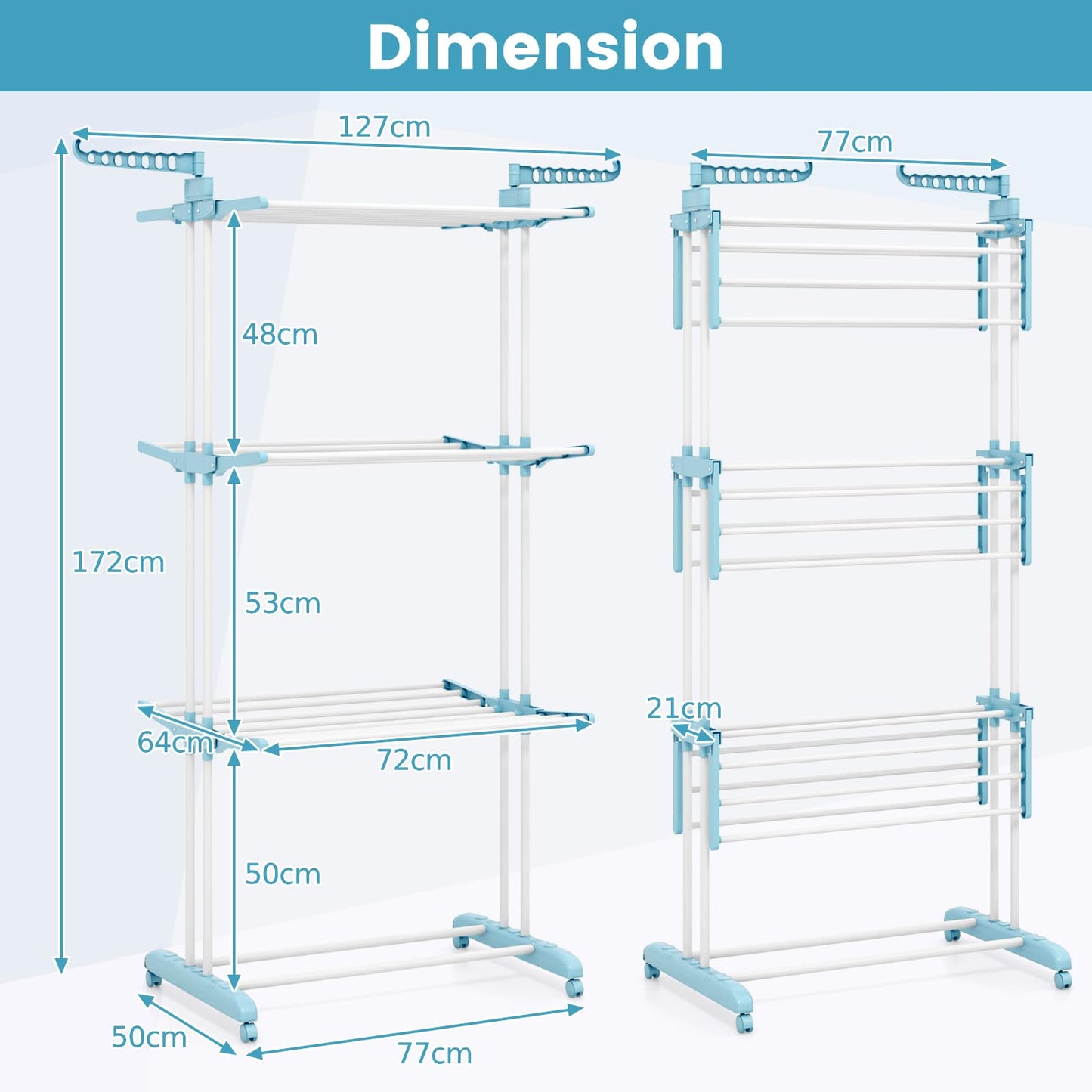4 Tier Foldable Airer Clothes Drying Rack with Wings and Casters