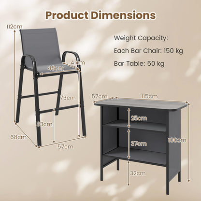 3 Piece Outdoor Bar Table and Chairs Set with Breathable Fabric