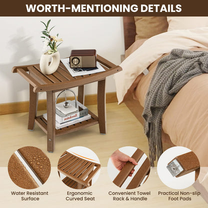 2-Tier Slatted Spa Bath Stool with Storage Shelf & Handles