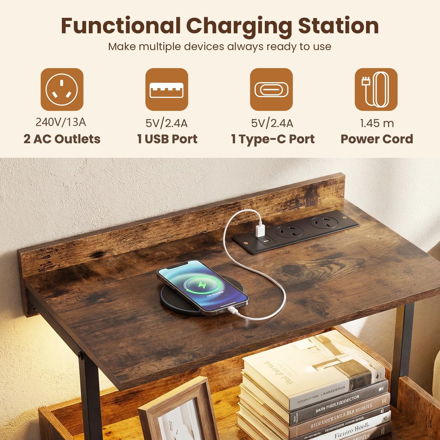 Nightstand Bedside Table with Charging Station and LED Light