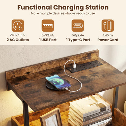 Nightstand Bedside Table with Charging Station and LED Light