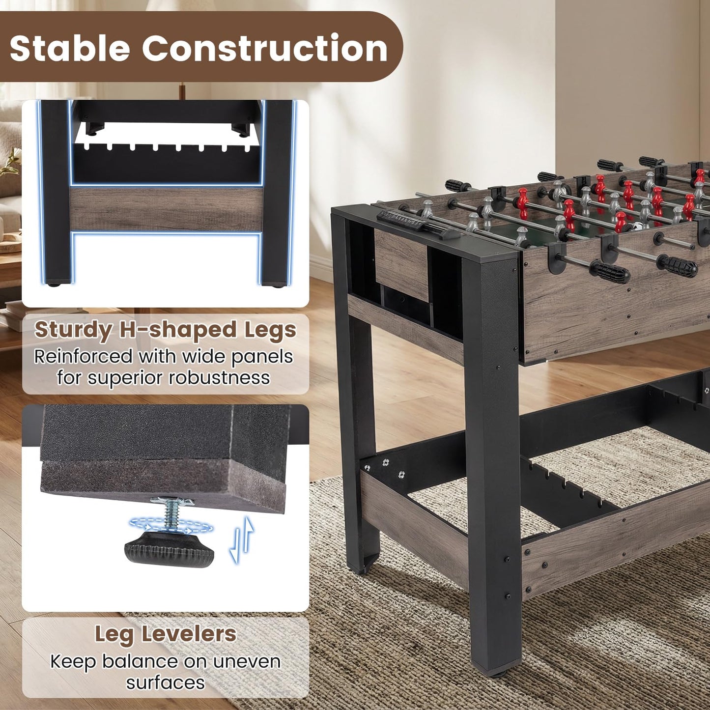 3-in-1 124CM Swivel Game Table with Foosball Pool Billiards Table Tennis