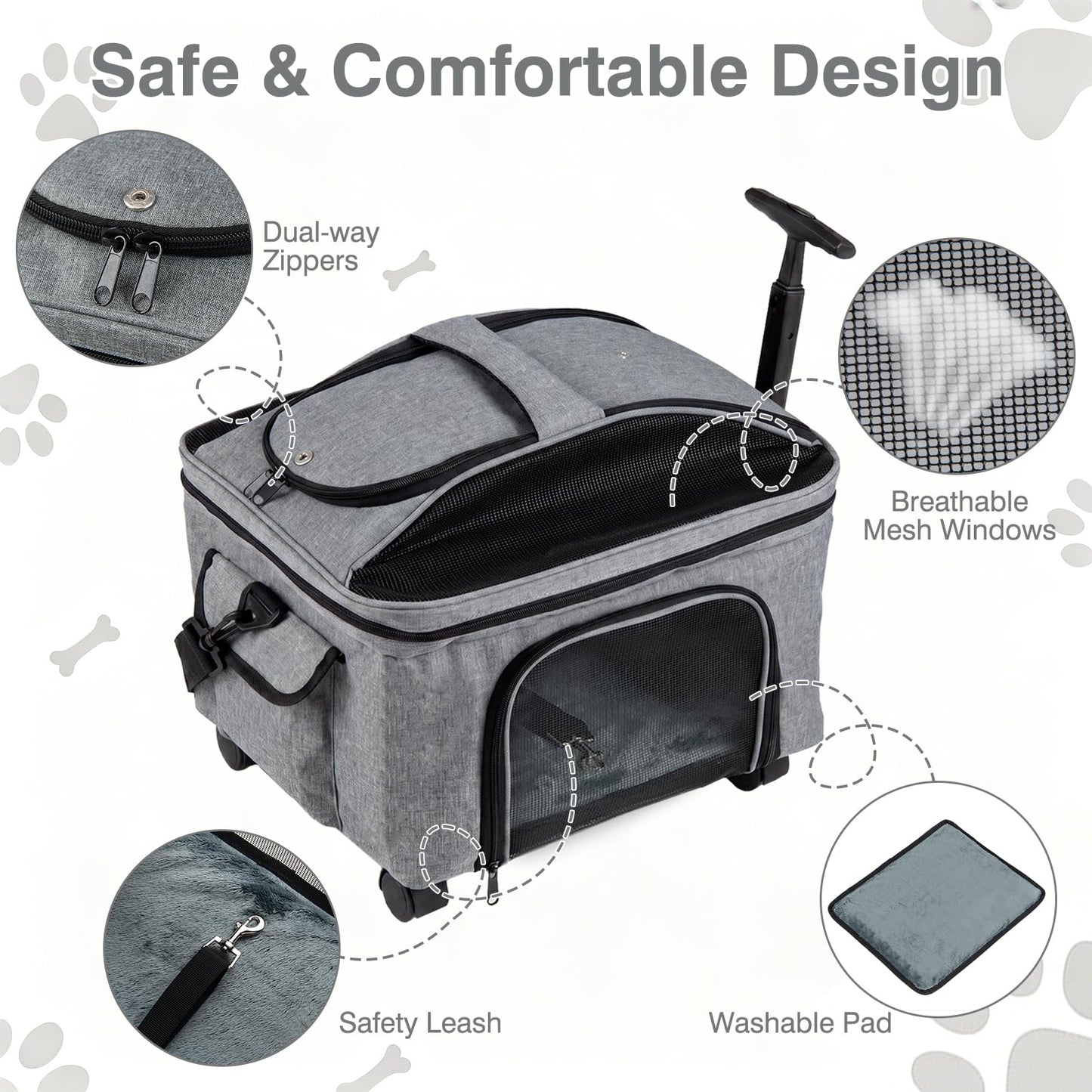 Rolling Pet Carrier with Telescopic Handle and Washable Pad Foldable