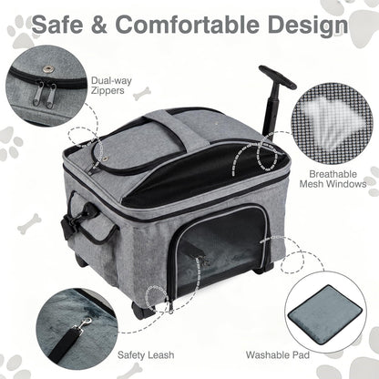 Rolling Pet Carrier with Telescopic Handle and Washable Pad Foldable