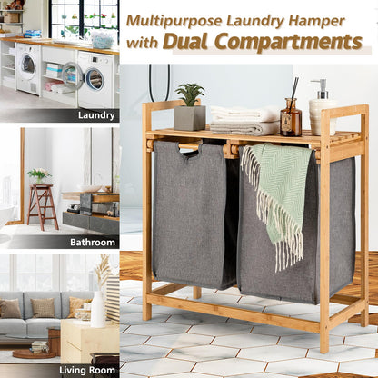 Bamboo Laundry Hamper with Dual Compartments and Removable Sliding Bags