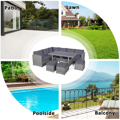 9 Seater Patio Rattan Corner Sofa Set with Sofa Chairs and Coffee Table