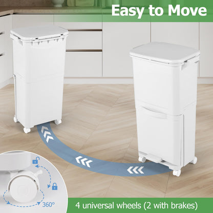 Giantex Recycling Bins 40L Pedal Kitchen Bin with 3 Compartments Lockable Wheels