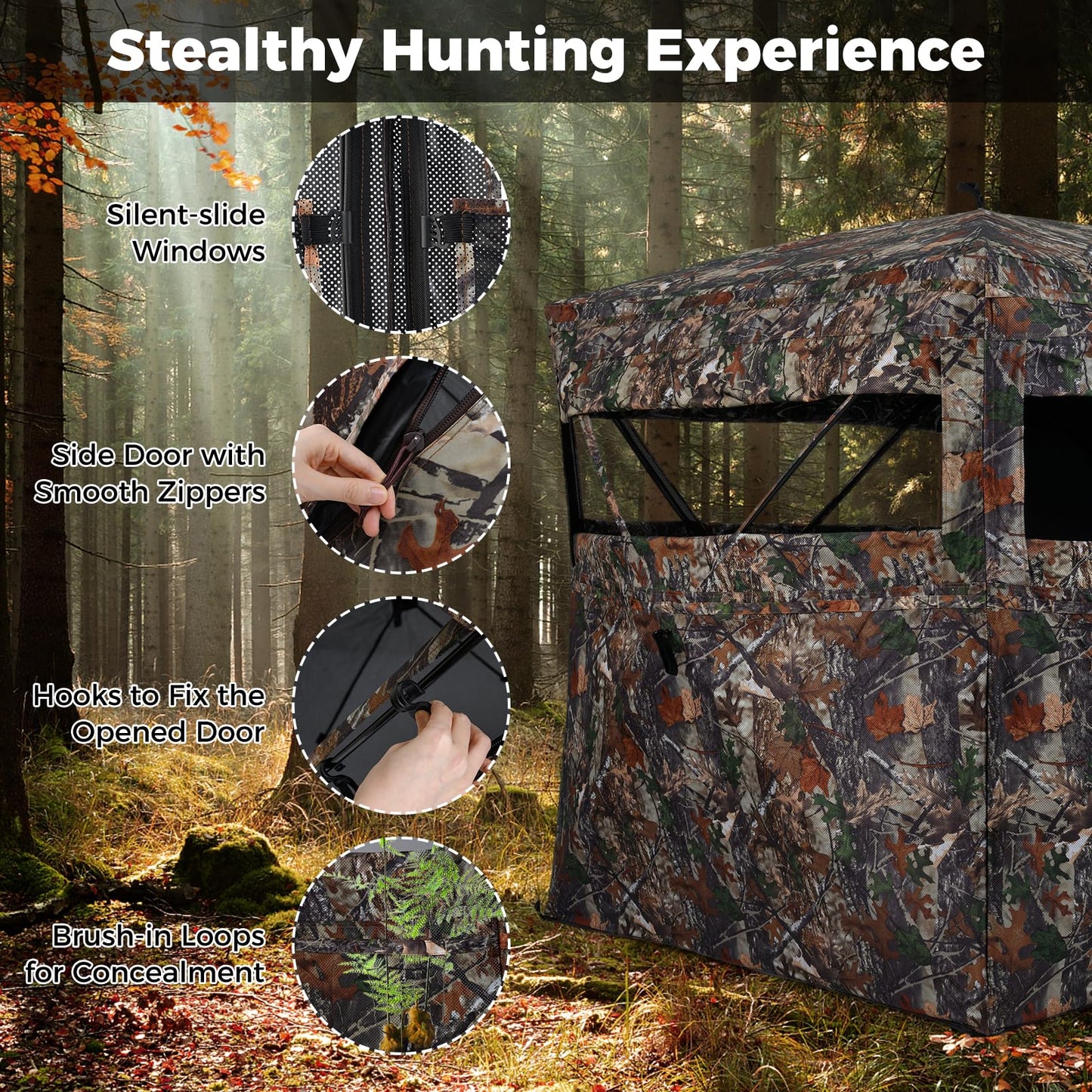 360 Degree One-way See-through Hunting Blind 4 People Ground Blind with Silent-slide Windows
