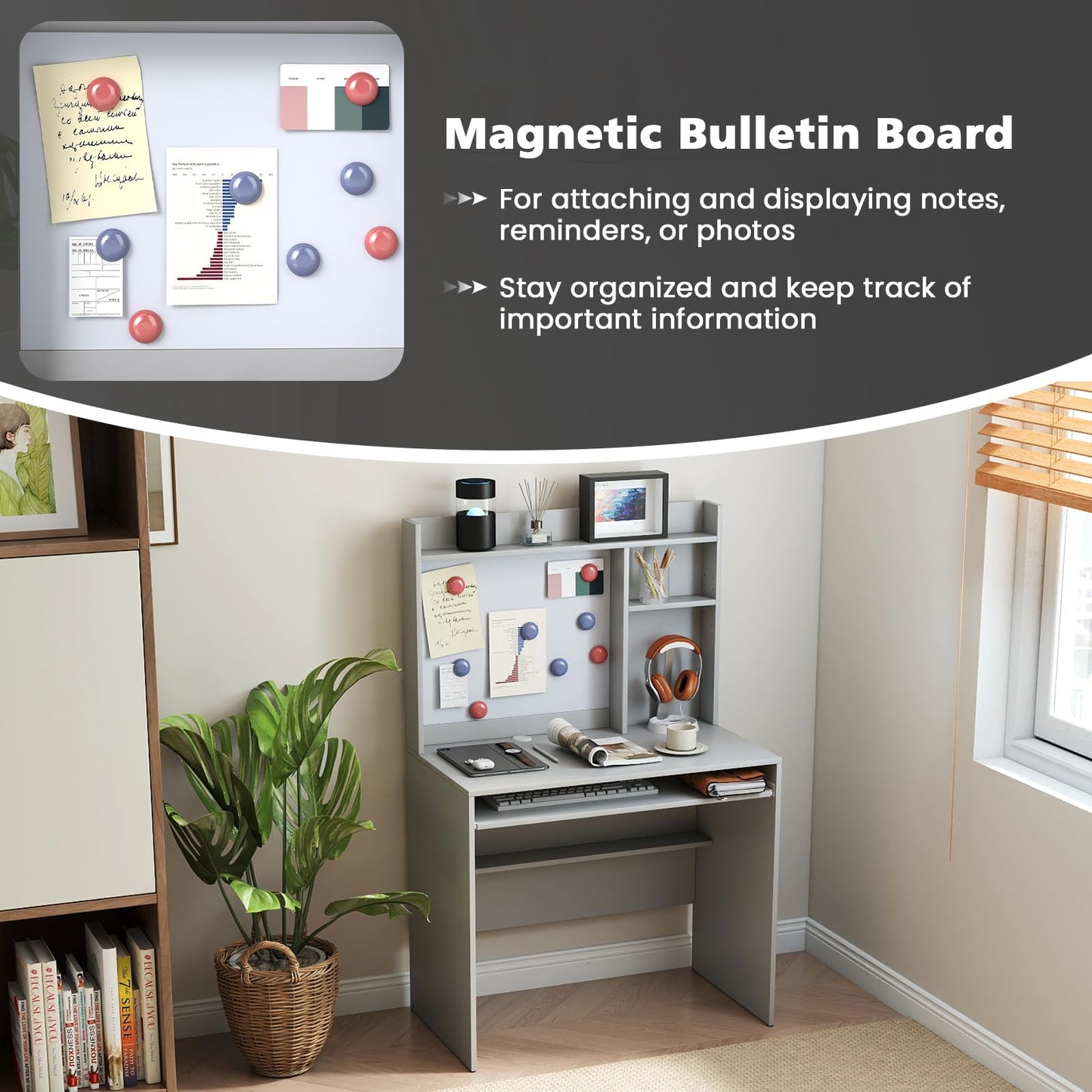 Computer Desk with Magnetic Bulletin Board and Keyboard Tray