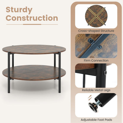 2-Tier Industrial Round Coffee Table with Open Storage Shelf